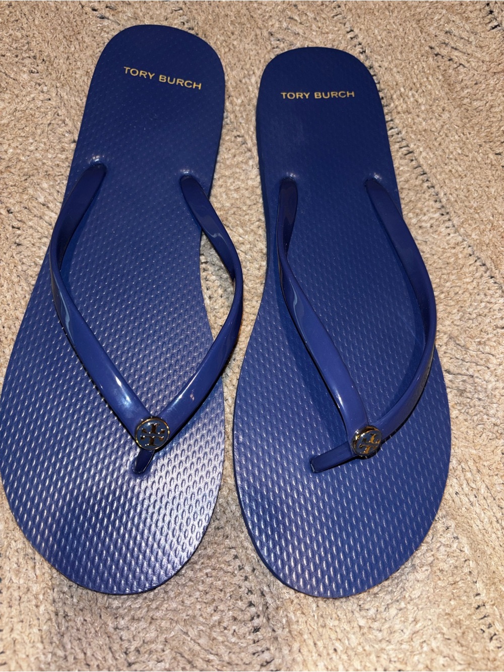 Tory Burch Navy Logo Thong Sandals with Gold Emblem Women’s Size 13